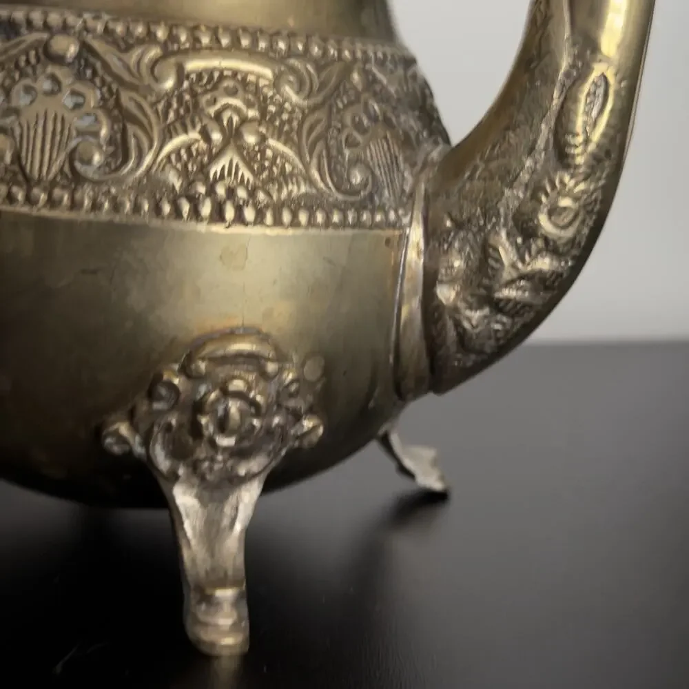 Vintage Ornate Brass Coffee Tea Pot Footed Floral Embossed Decorative Ewer